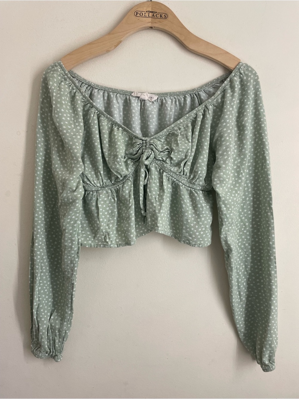 L.A. Hearts Sage Green Floral Ruched Tie Front Peplum Crop Top XS Long Sleeve